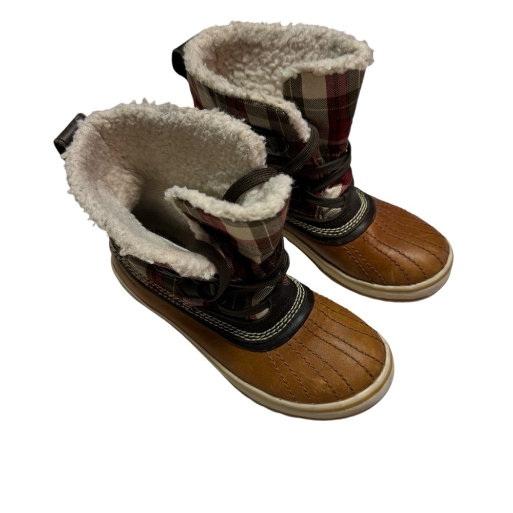 Sorel Tivoli Plaid Winter Boots Womens Size 5 Brown Leather Waterproof